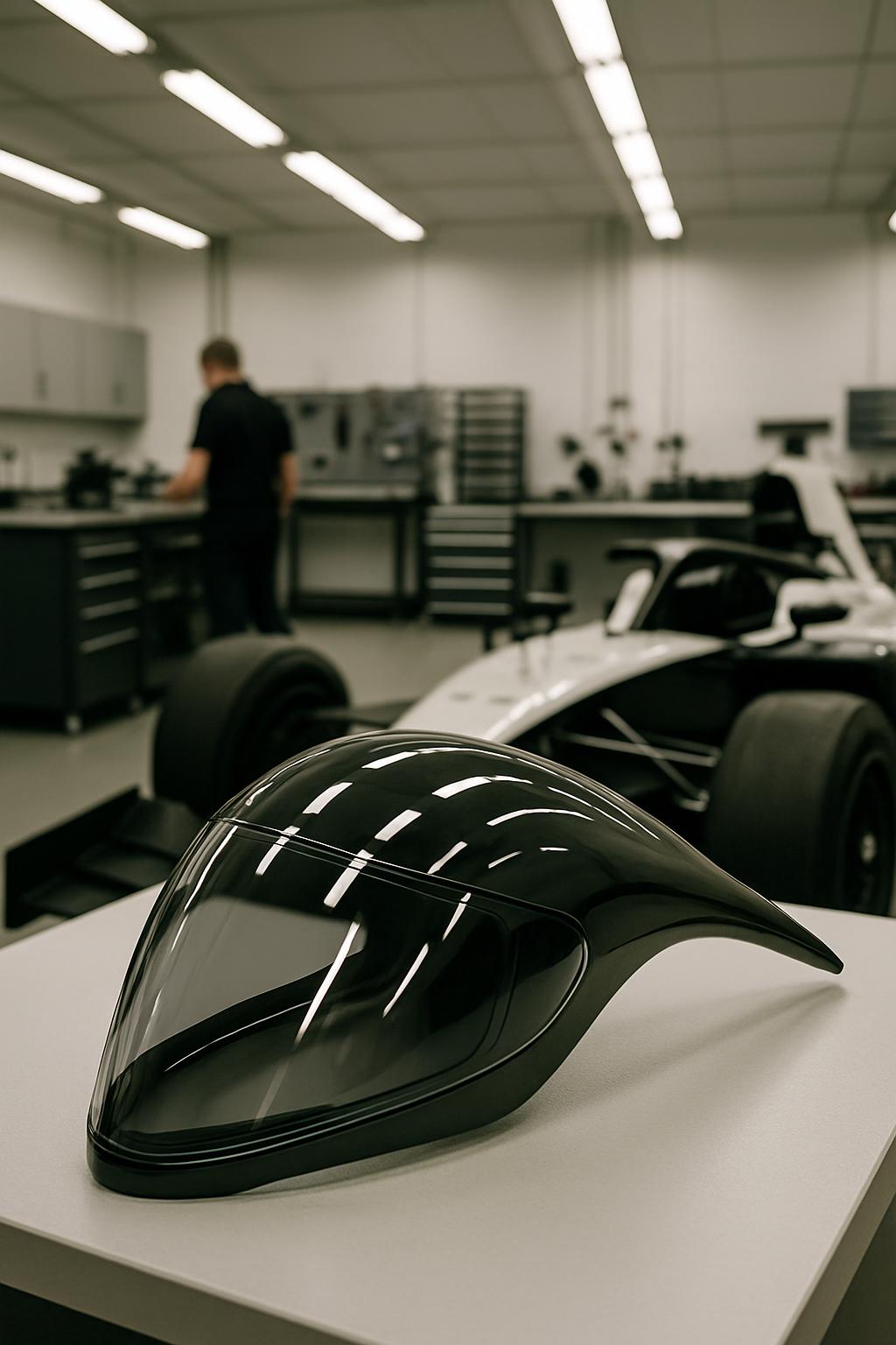 A black racing helmet with a plastic visor sits on a white table, displayed on a table with a large white, plastic-black c...