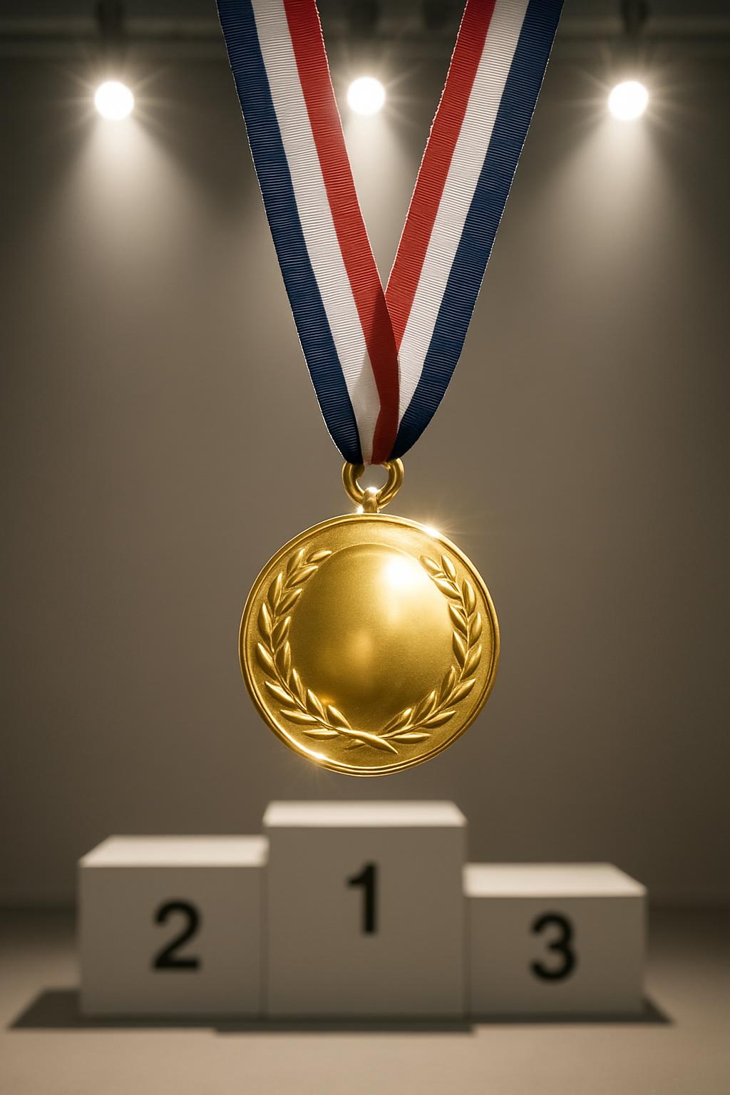 Ein Medaillen über einem Podium und rampe vor einem hellen Hintergrund.